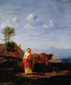 A Woman with Cows on a Road Oil painting by Karel Dujardin