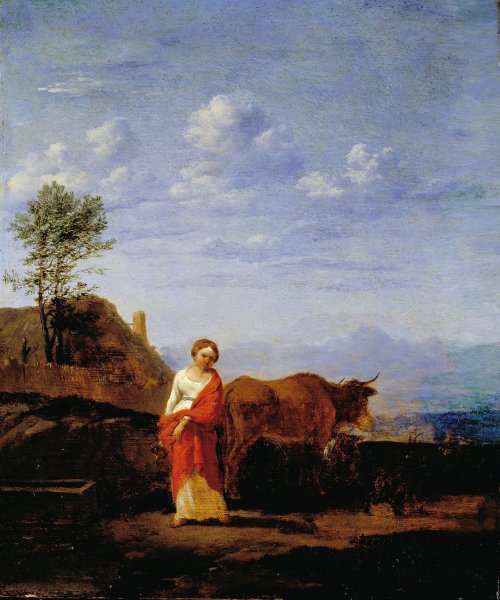 A Woman with Cows on a Road by Karel Dujardin - Hand-Painted Oil Painting Reproduction