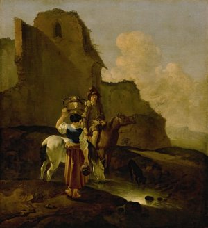 An Italianate Landscape With Two Peasants And Horses Near Ruins by Karel Dujardin Oil Painting