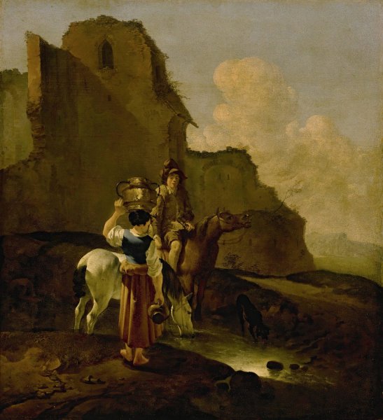 An Italianate Landscape With Two Peasants And Horses Near Ruins by Karel Dujardin - Hand-Painted Oil Painting Reproduction