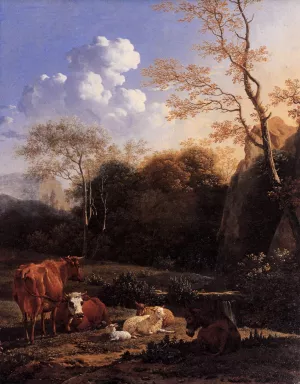 Cows and Sheep at a Stream by Karel Dujardin - Oil Painting Reproduction