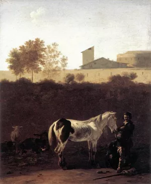 Italian Landscape with Herdsman and a Piebald Horse by Karel Dujardin - Oil Painting Reproduction