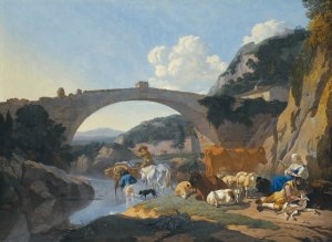 Italianate Landscape With Herders And Animals Resting By A River Under A Bridge by Karel Dujardin Oil Painting