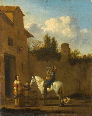 Mounted Trumpeter taking a Drink by Karel Dujardin Oil Painting