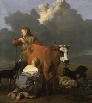 Peasant Girl Milking a Cow by Karel Dujardin Oil Painting