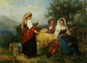 Three Young Maidens Spinning Wool by Karel Frans Philippeau Oil Painting