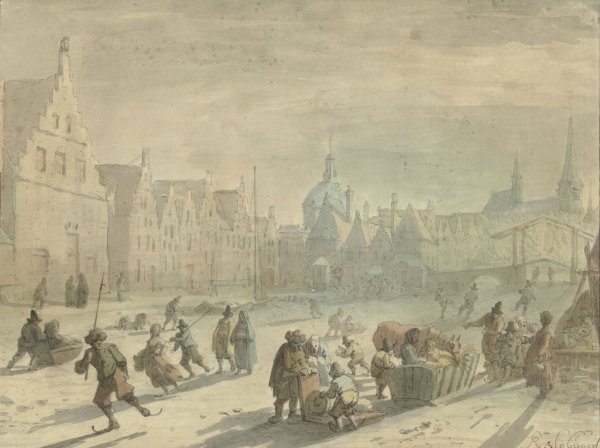 Galgewater in Leiden met ijsvermaak  by Karel Slabbaert - Hand-Painted Oil Painting Reproduction