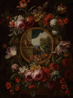A garland of flowers encircling a tondo with fruit, monkey and parrot by Karel Van Vogelaer Oil Painting