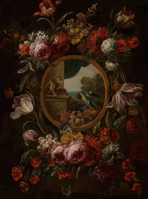 A garland of flowers encircling a tondo with fruit, monkey and parrot by Karel Van Vogelaer Oil Painting