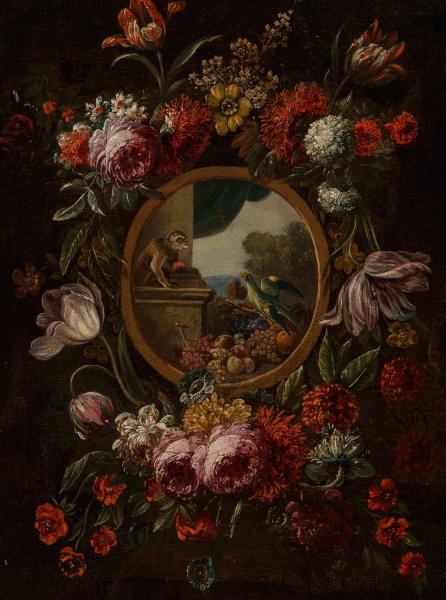 Main Product Photo of A garland of flowers encircling a tondo with fruit, monkey and parrot Painting by Karel Van Vogelaer