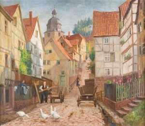Alley in historic Marburg town by Karl Armbrust Oil Painting