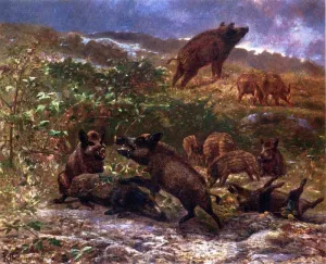 A Family of Wild Boar by Karl Bodmer - Oil Painting Reproduction