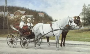 Young Boys in a Horse-Drawn Carriage by Karl Buchta Oil Painting
