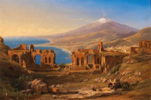 View of the Ruins of the Ancient Theatre of Taormina, Sicily by Karl Christian Sparmann Oil Painting