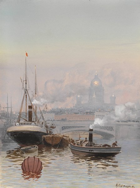 View Of Kazan Cathedral From The Neva  by Karl Eduardovich Geftler - Hand-Painted Oil Painting Reproduction