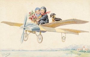 Two children and a dachshund on a plane by Karl Feiertag Oil Painting