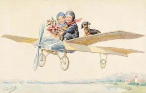 Two children and a dachshund on a plane by Karl Feiertag Oil Painting
