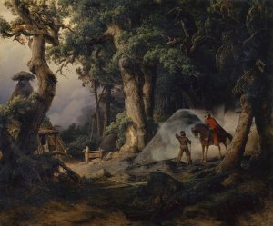 Charcoal Kiln in an Oak Tree Forest by Karl Friedrich Lessing Oil Painting
