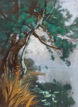 Uferlandschaft mit Kiefern und Seerosen by Karl Hagemeister Oil Painting