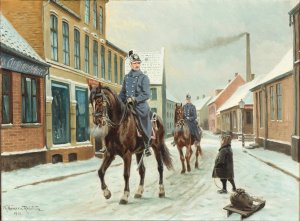 Landsbygade med dragoner og dreng med slaede, vinter by Karl Hansen Reistrup Oil Painting