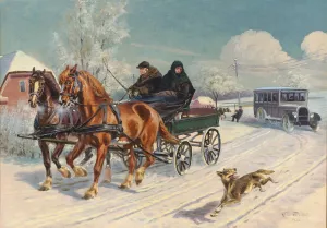 Vinterparti med en hestevogn Oil painting by Karl Hansen Reistrup