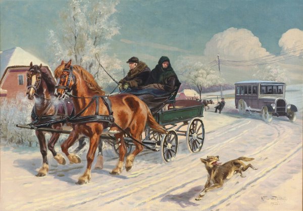 Vinterparti med en hestevogn  by Karl Hansen Reistrup - Hand-Painted Oil Painting Reproduction