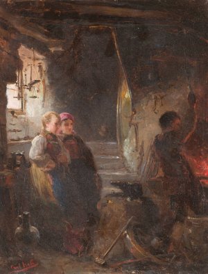 Two girls at the blacksmith`s by Karl Heinrich Hoff Oil Painting