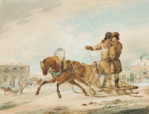 Sleigh-Ride Through A Russian Town by Karl Ivanovich Kollman Oil Painting