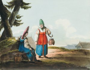 Two Peasant Women In Conversation by Karl Ivanovich Kollman Oil Painting