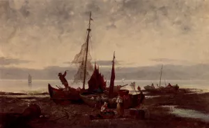 Fisherfolk On The Danish Coast by Karl Kaufmann Oil Painting