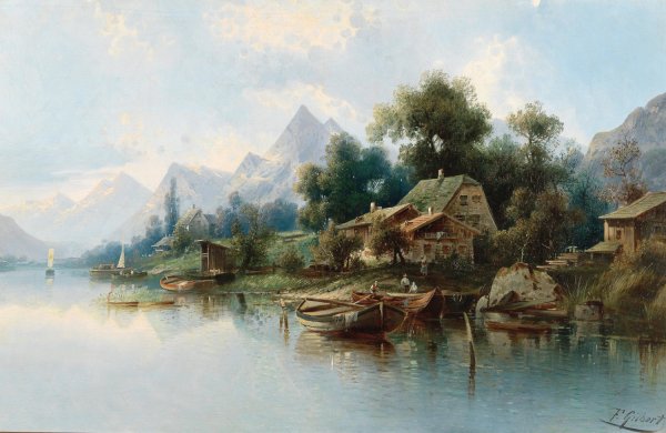 Large Mountain Lake by Karl Kaufmann - Hand-Painted Oil Painting Reproduction