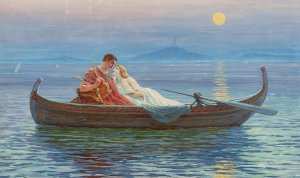 An Amorous Couple In Moonlight by Karl Liebscher Oil Painting