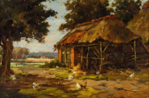 Huhne vor einer Scheune Oil painting by Karl Ludwig Prinz