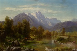 Mountain Landscape with Cattle Watering by a Lake by Karl Millner Oil Painting