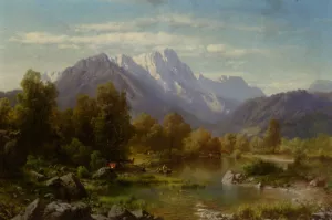 Mountain Landscape with Cattle Watering by a Lake by Karl Millner Oil Painting