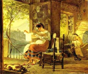 Italian Woman Heavy with a Child Examining a Shirt and Her Husband Oil painting by Karl Pavlovich Brulloff