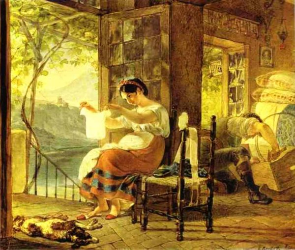 Italian Woman Heavy with a Child Examining a Shirt and Her Husband by Karl Pavlovich Brulloff - Hand-Painted Oil Painting Reproduction