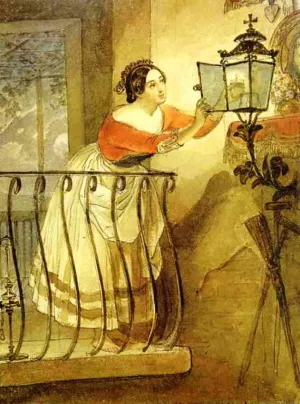 Italian Woman Lightning a Lamp Before the Image of Madonna by Karl Pavlovich Brulloff - Oil Painting Reproduction