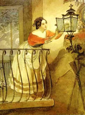 Italian Woman Lightning a Lamp Before the Image of Madonna Oil painting by Karl Pavlovich Brulloff