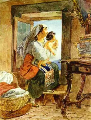 Italian Woman with a Child by a Window by Karl Pavlovich Brulloff Oil Painting