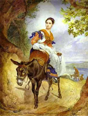Portrait of O. P. Ferzen on a Donkeyback by Karl Pavlovich Brulloff Oil Painting