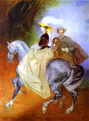 Portrait of Ye. Mussart and E. Mussart. Riders by Karl Pavlovich Brulloff Oil Painting