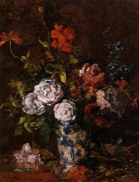 Floral Still Life in a Blue and White Porcelain Vase by Karl Pierre Daubigny - Hand-Painted Oil Painting Reproduction