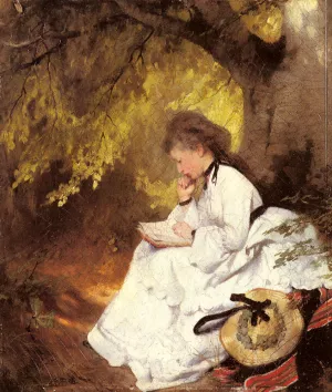An Elegant Lady Reading Under a Tree by Karl Raupp Oil Painting