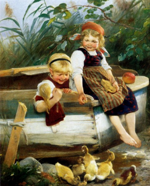 Main Product Photo of Feeding The Ducklings Painting by Karl Raupp