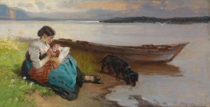 Mutter mit Kind am Ufer des Sees by Karl Raupp Oil Painting