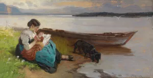 Mutter mit Kind am Ufer des Sees by Karl Raupp Oil Painting
