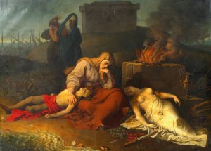 Hecabe with the corpses of her children Polyxena and Polydoros at the tomb of Achilles by Karl Russ Oil Painting