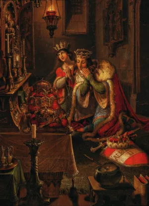 King Albert II and His Wife Elizabeth of Luxembourg in Prayer, on the Altar the Crowns of Bohemia and Hungary, as well as the Imperial Crown of the Holy Roman Empire Oil painting by Karl Russ