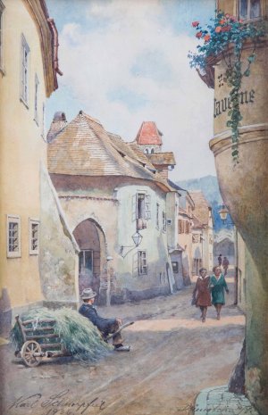 Durnstein Gassenszene by Karl Schnorpfeil Oil Painting